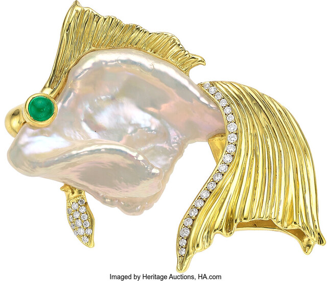 A&Z Freshwater Cultured Pearl, Diamond, Emerald, Gold Brooch Stones:...