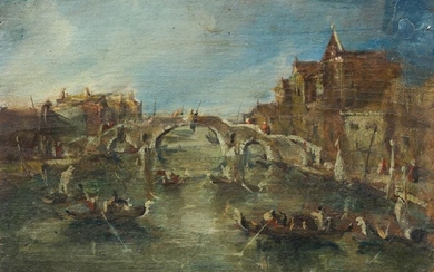After Francesco Guardi, Italian 1712-1793- View on the Cannaregio Canal, Venice; oil on panel, 19.8 x 25.5 cm., (unframed). Note: A late 19th-century interpretation of the original and larger painting by Guardi, datable to c.1775-1780, and with...