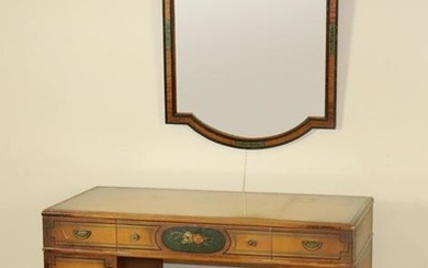 American 1920s Tiger Maple Vanity, Mirror, (2) Chairs