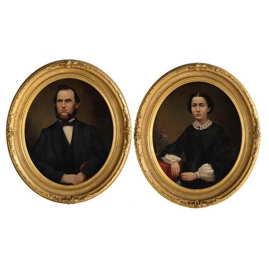 American School, 19th c. Pair of Wedding Portraits, oil