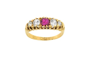 An 18 Carat Gold Ruby and Diamond Five Stone Ring...