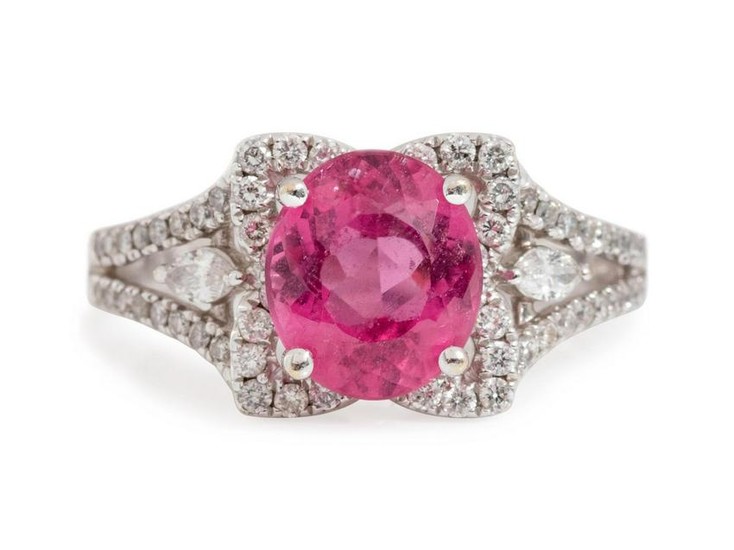 An 18 Karat White Gold, Pink Sapphire and Diamond Ring