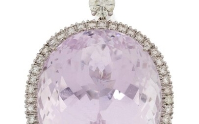 An 18ct white gold, kunzite and diamond pendant, the cushion-shaped mixed-cut kunzite within pave diamond surround suspended from a single brilliant-cut diamond weighing approximately 0.25 carats, with pendant loop attachment, approx. length 3.9cm