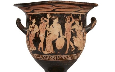 An Apulian red-figure bell krater, with bacchanalian scene, side (a) with two naked satyrs, three females and an amphora; side (b) with three himation clad figures their backs to the viewer, split palmettes under each handle, meander along the...