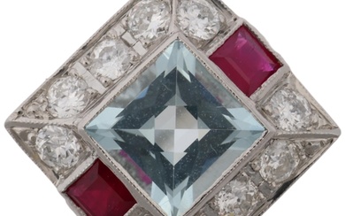 An Art Deco style platinum aquamarine ruby and diamond squar...