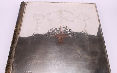 An Edwardian silver and pique desk blotter, inlaid in abalon...