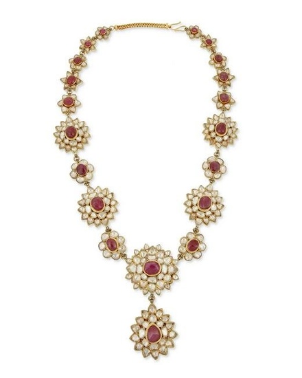 An Indian ruby, diamond and enamel necklace