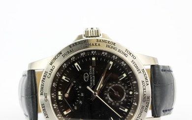An automatic Orient Star World Time chronographic stainless steel wrist watch (no. FA00-C0 CS) on a black leather strap.