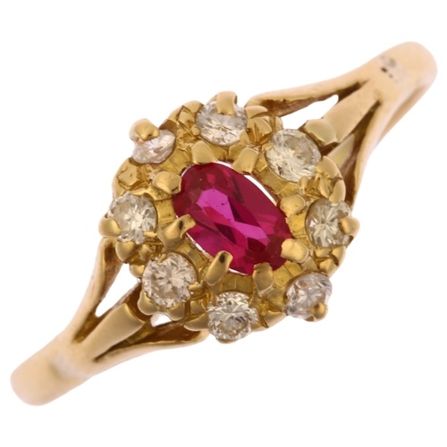 An early 20th century 18ct gold ruby and diamond oval cluste...
