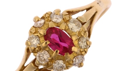 An early 20th century 18ct gold ruby and diamond oval cluste...