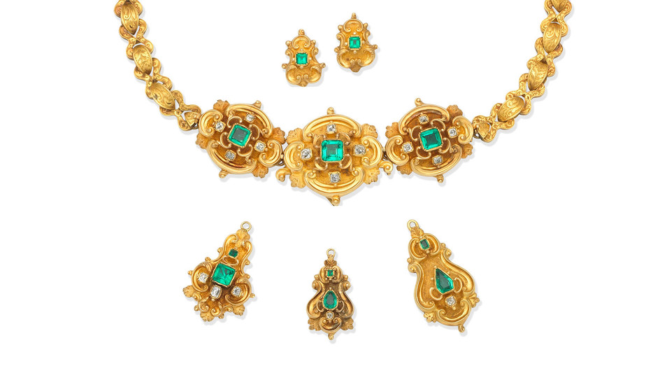 An emerald and diamond necklace, three emerald and diamond pendants, and a pair of emerald earrings, first half of the 19th century