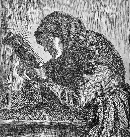 SOLD. Anna Ancher: “Læsende gammel Kone”. Old woman reading. Opus 1. Tryksign. A. A. 96. Etching. Visible size 19.2 x 17.2 cm. Frame size 28.5 x 24.7 cm. – Bruun Rasmussen Auctioneers of Fine Art