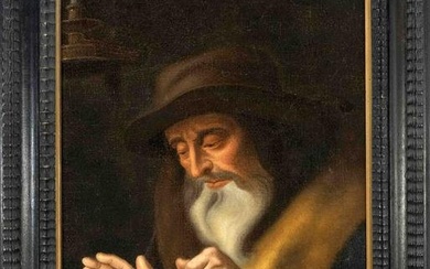 Anonymous Old Master c. 1700, old man with a bowl with handles, holding out his hand for an apple