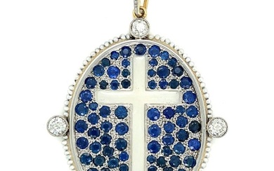 Antique 18K & Platinum Sapphire Diamond and Natural Pearl Cross Pendant