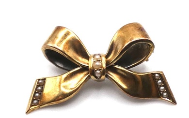 Antique Victorian seed pearl studded bow tie brooch pin 10k...