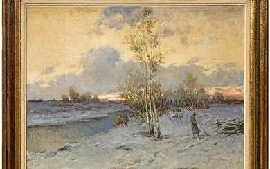 Antique Winter Times Oil on Canvas, signed