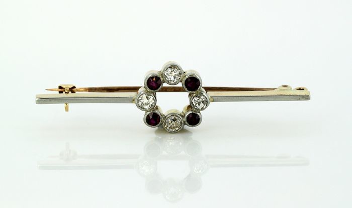 Art Deco - 18 kt. Gold, Platinum - Brooch Ruby - Diamonds, Rubys