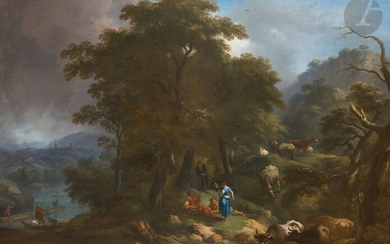 Attribué à Christian Wilhelm Ernst DIETRICH (1712 - 1774)Paysage avec des bergers et leur troupeau...