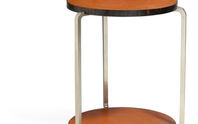 Axel Einar Hjorth: “Lido”. Side table with steel frame. Circular top and underlying shelf of orange trolit, edges of brown trolit with orange elements.