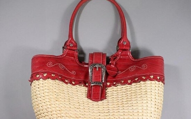 BRIGHTON Red Leather and Basket Woven Handbag with Box