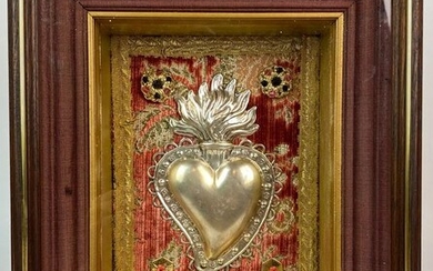 Big heart in silver, ex voto for grace received - Silver, pearls, coral pearls, wood, glass - Late 19th century