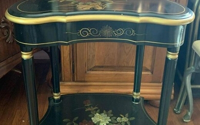 Black and gold side table with floral and butterfly