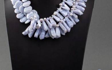 Blue Lace Agate Silver Jewelry, 2 Pieces