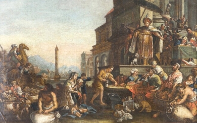 Breenbergh, Bartholomeus (Deventer, 1598 - Amsterdam, 1657) Giuseppe distribuisce il grano in Egitto olio su tela cm 45x57 - con la cornice: cm 59x69