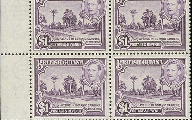 British Guiana 1938-52 $1 bright violet perf. 14 x 13, a block of four from the lower left of t...