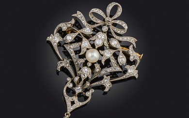 Broche Belle Epoque en perles naturelles et diamants, début du 20e siècle, avec un motif...