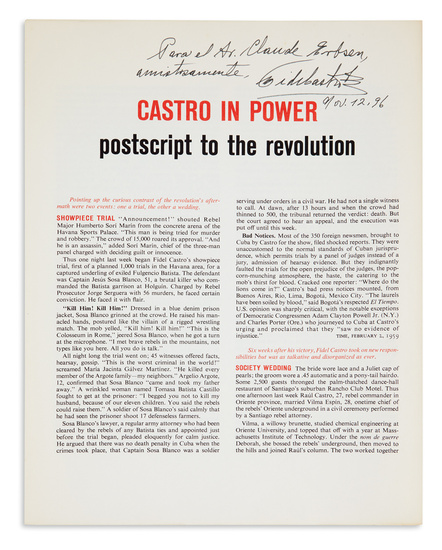 CASTRO, FIDEL. Story of a Revolution. Signed and Inscribed, "Para el Sr. Claude...