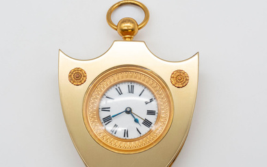 CHARLES VICTOR HOUR. OFFICER'S WATCH, EMPIRE STYLE, 19TH CENTURY, SIGNED WITH: CH. HOUR FRANCE, ALARM CLOCK FUNCTION, BRONZE, BRASS, FIRE-GOLD-PLATED, ENAMEL DIAL, SUPPLIER OF CARTIER, HERMÈS AND TIFFANY & CO.
