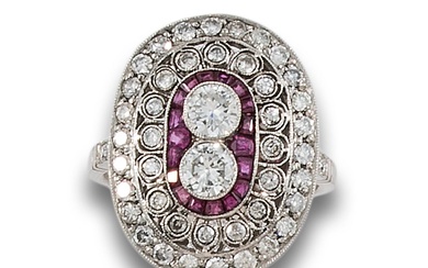 COCKTAIL RING, ART DECO STYLE, WITH DIAMONDS AND RUBIES, IN PLATINUM