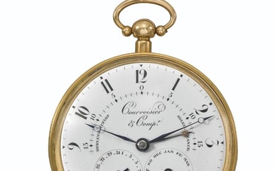 COURVOISIER & COMPAGNIE. A VERY FINE AND EXCEPTIONALLY RARE LARGE 18K GOLD OPENFACE WITH EQUATION OF TIME AND CALENDAR INDICATIONS FOR DATE AND MONTHS