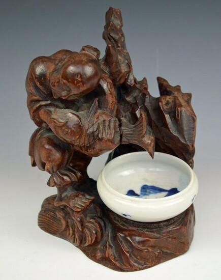 Carved Chinese Statue With Porcelain Bowl
