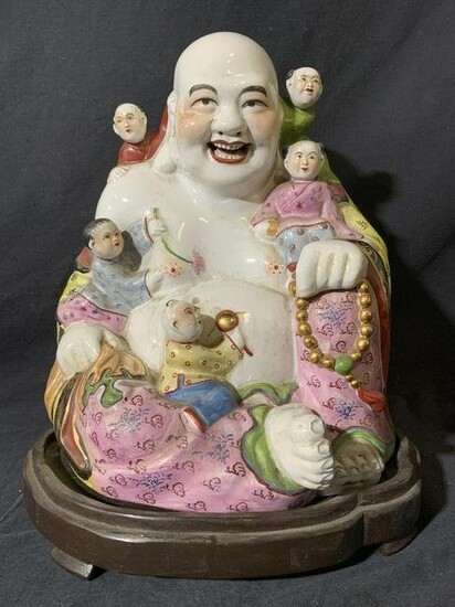 Ceramic Buddha Sculpture with Wooden Stand