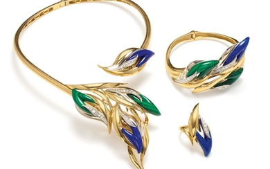 Chaumet, A Diamond, Lapis Lazuli, Malachite and Bicolored Gold Demi-Parure