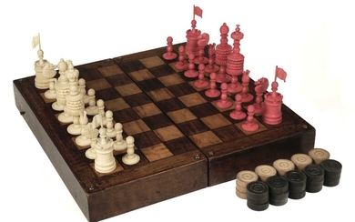 Chess. A 19th-century English bone chess set carved in the "Barleycorn" pattern