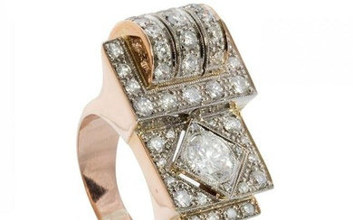 Chevalier ring in 18 kts. rose gold and diamonds. stepped frontis with diamond bands with ca. 2.29