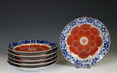 China, set of six blue and white and iron-red porcelain 'lotus' plates, late 18th/ 19th century