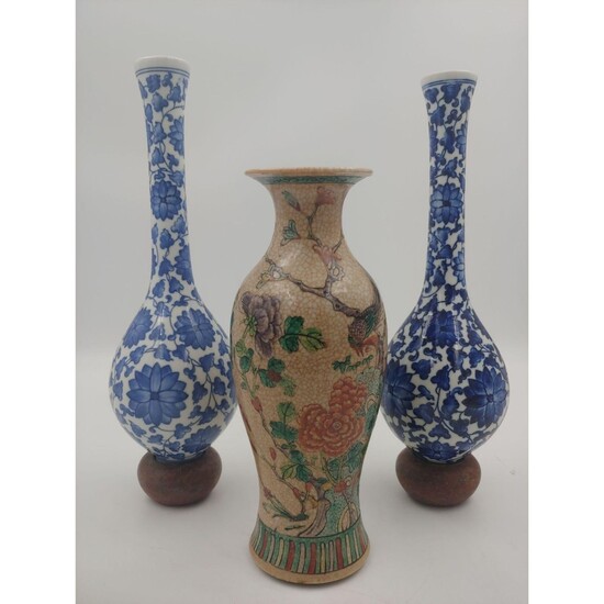 Chinese Crackle Glaze Vase & 2 Blue and White Vases