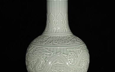 Chinese Douqing Glaze Low Relief Clouds Dragon Design Porcelain Vase w Qianlong Mark
