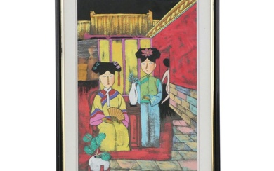 Chinese Gouache Painting of Figures in an Interior Scene