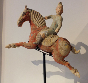 Chinese Pottery Male Polo Player Astride a Galloping Horse - Hieght 30., Long 57 cm.