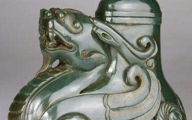Chinese Sculpted Vase - Chimera Dragon Lions - Archaic Style - Box - Jade Spinach - China - Twentieth century
