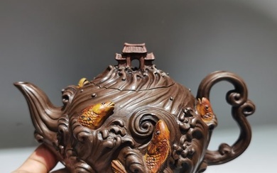 Chinese Yixing Zisha Clay High Relief Carp Teapot w Artist Signed