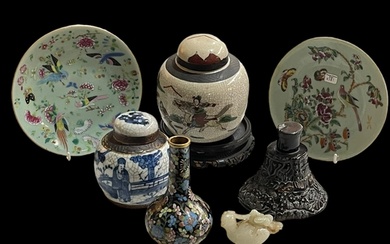 Chinese items including two Canton plates, Cloisonné vase, t...