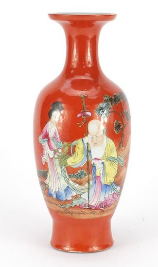Chinese porcelain iron red ground vase, hand painted in