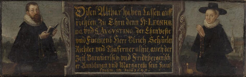 Circle of Adrian Ziegler, Swiss 1620-1693- An altar plaque with two portraits of a male and female donor, both kneeling, wearing black cloaks with white ruffs, flanking a central tablet and an inscription in German, which, translated into English...