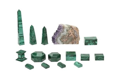 Collection of Malachite Decorative Articles with Geode.
